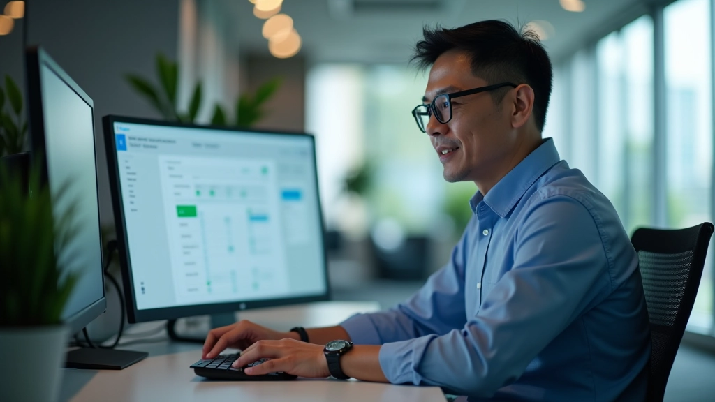 Executive at desk reviewing task management software with multiple windows open showing project tracking and scheduling features