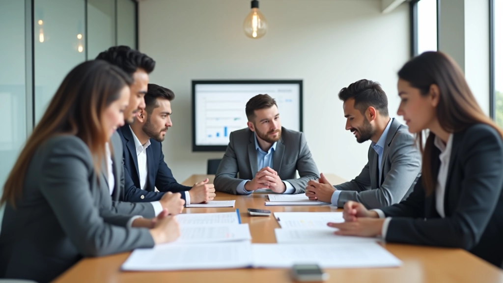 Diverse team members collaborating around modern conference table with multiple digital displays showing synchronized calendar views and meeting schedules