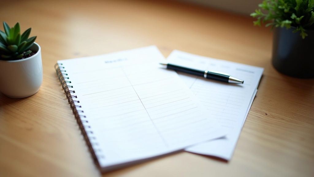 Notebook and pen with weekly planning notes and calendar printout on desk, planning session setup