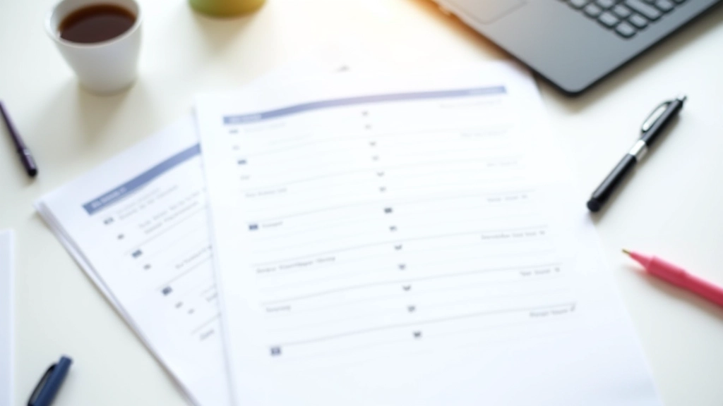 Overhead flat lay photography of printed project management documents, task lists, and calendar pages arranged neatly on clean white surface with pen and highlighter