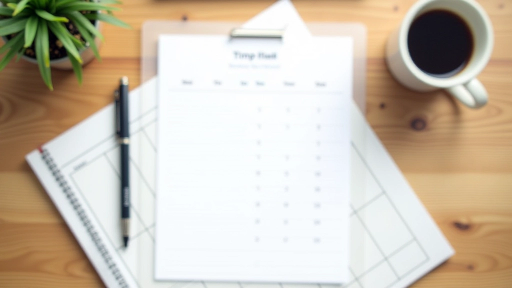 Organized workspace with notebook, time-blocking template printed and laid out alongside a smartphone showing calendar app notifications