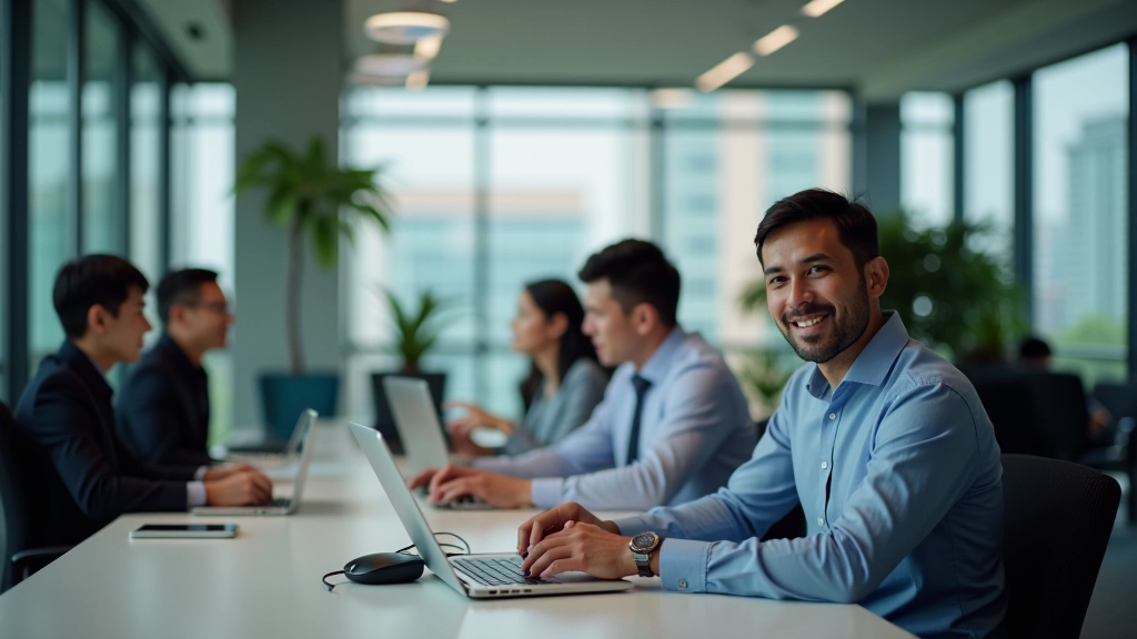 TaskFlow Pro Sdn Bhd modern office environment with executives working together