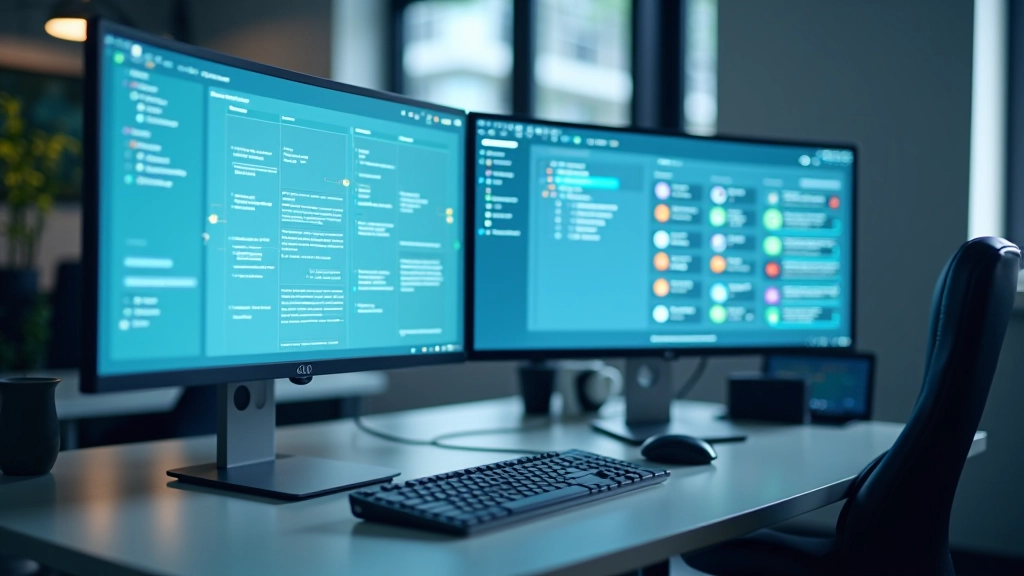 Computer monitor displaying automation workflow with connected app icons and data flow visualization
