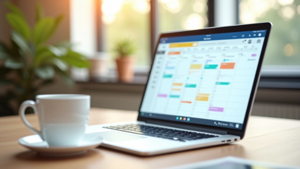 Close-up view of calendar application interface displayed on laptop screen with color-coded events, time blocks, and meeting invitations clearly visible in organized layout