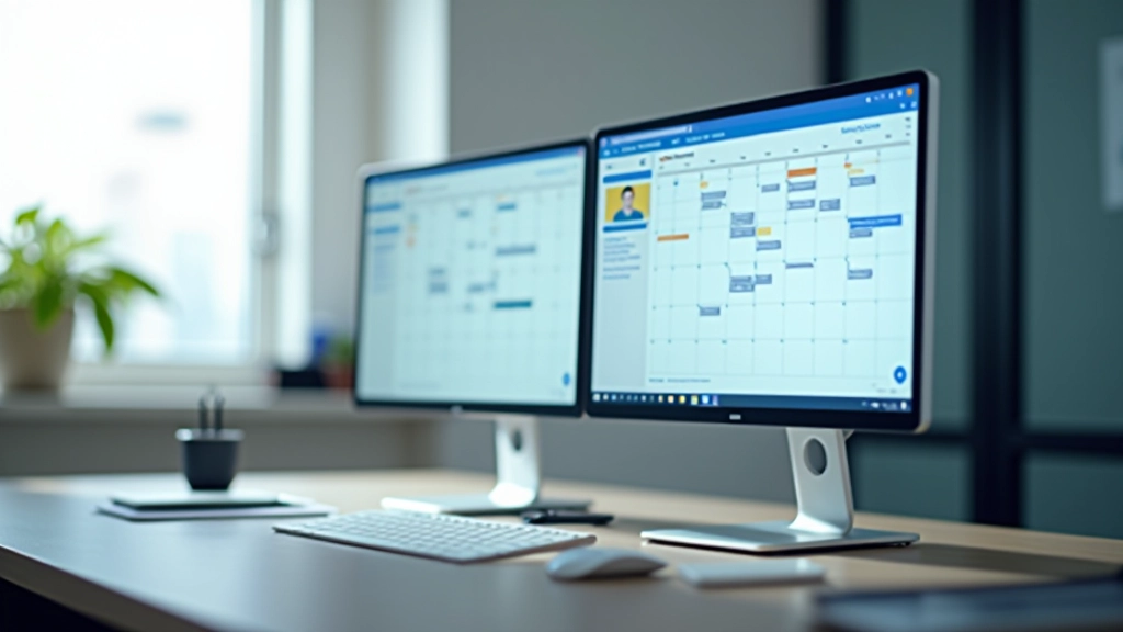 Modern workspace with laptop showing calendar application and task management interface on screen