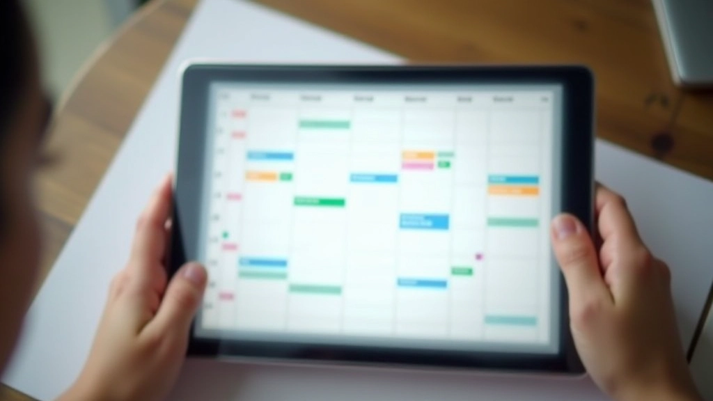 Weekly calendar view on tablet showing time blocking strategy with color-coded blocks and gaps between meetings, organized schedule