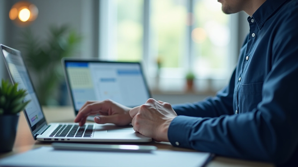 Person comparing spreadsheets and task management applications on laptop screen in modern workspace