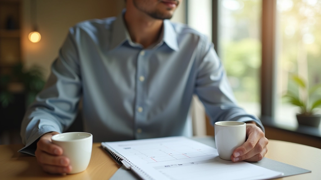 Person at wooden desk with calendar planner and coffee, morning light streaming through window, focused work environment