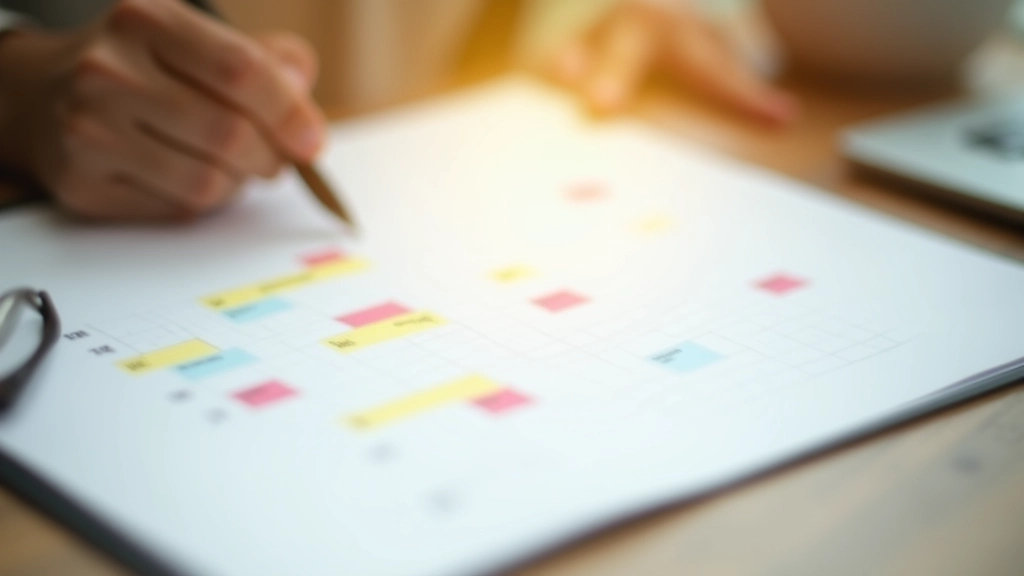 Close-up of printed weekly calendar with color-coded time blocks for different types of tasks, morning light on desk