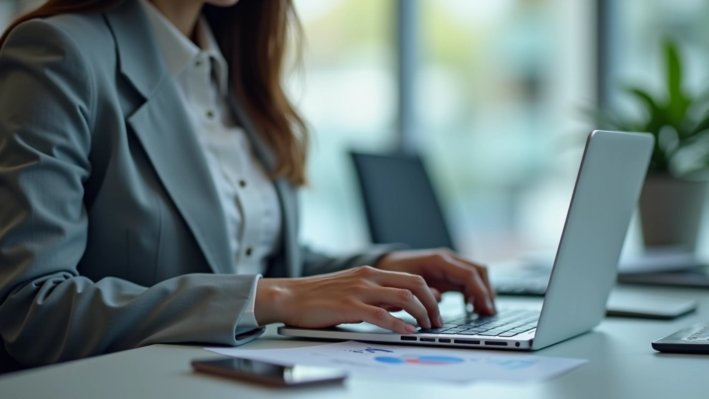 Professional woman at desk checking calendar on laptop with smartphone nearby, multitasking workspace setup